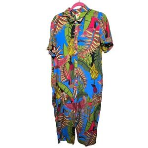 Farm Rio Womens Tropical Toucan Print Button Front Rayon Jumpsuit Blue Medium